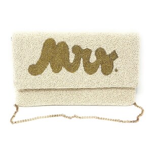 Elegant Hand-Beaded Custom Bridal Clutch Purse: The Perfect Accessory for Your Special Day - MRS Beige clutch with gold letters