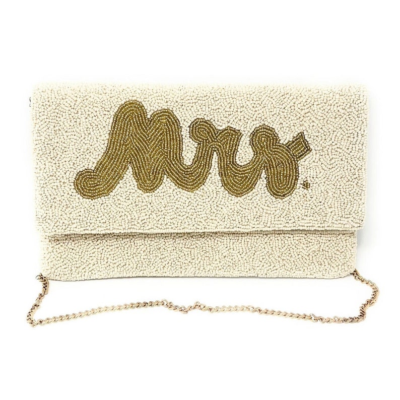 Elegant Hand-Beaded Custom Bridal Clutch Purse: The Perfect Accessory for Your Special Day - MRS Beige clutch with gold letters