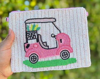 Beaded Golf Cart Large Bag, Pink Golf Purse, Handmade Beaded Crossbody Bag with Chain Strap, Golf Lover Gift, Preppy Golf Accessory