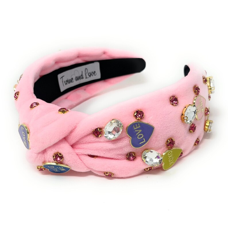 Sweetheart Style: Handcrafted Custom Valentines Day Top Knot Headband Conversation hearts pink