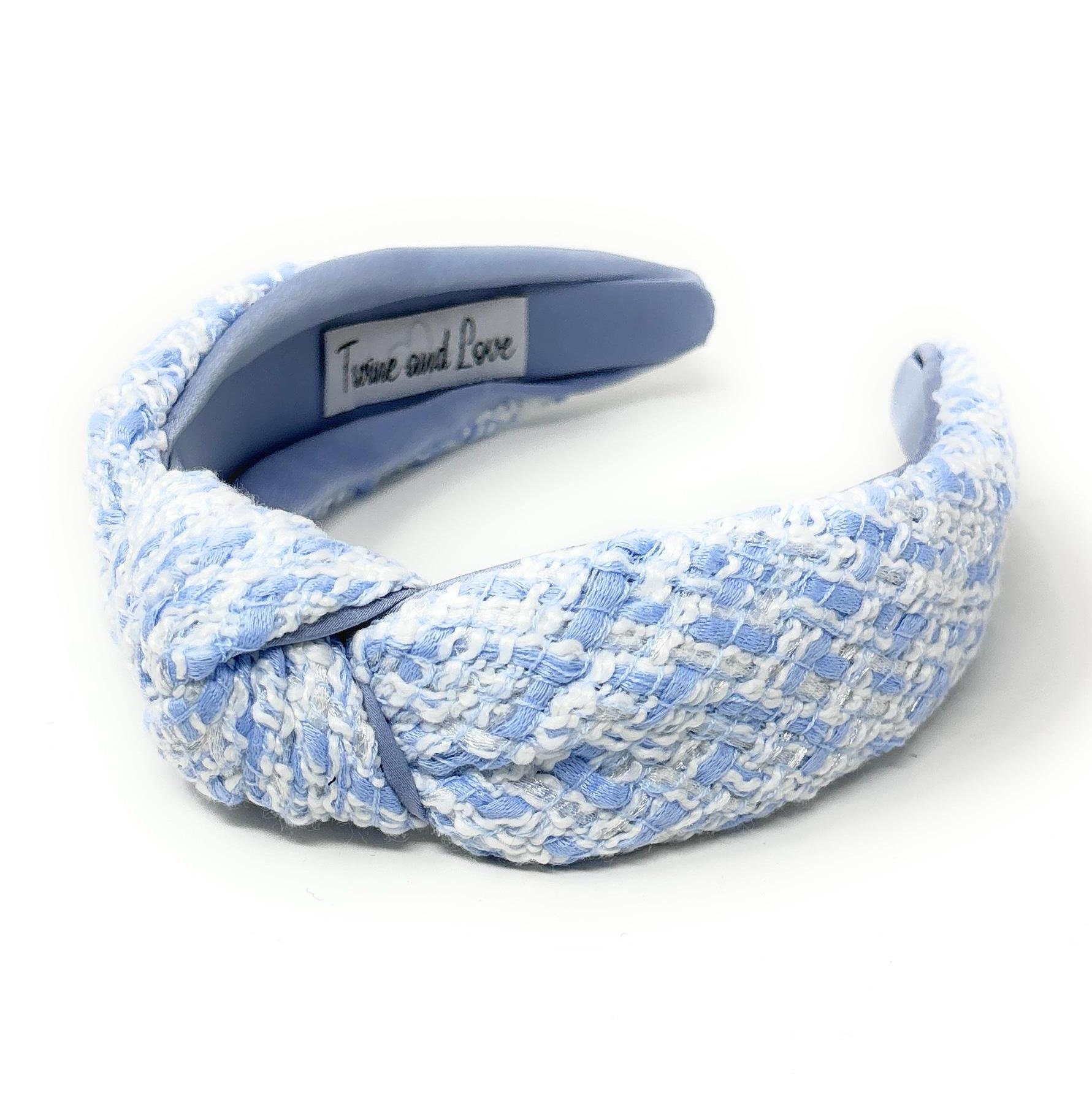 1 pc NEW! Light Blue Designer-Style Tweed C Headband Bright White with Blue Tweed Trim – Pretty Happies main image 4