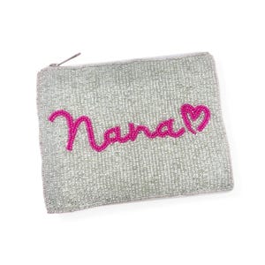 Handmade silver beaded zip pouch featuring bright pink Nana design