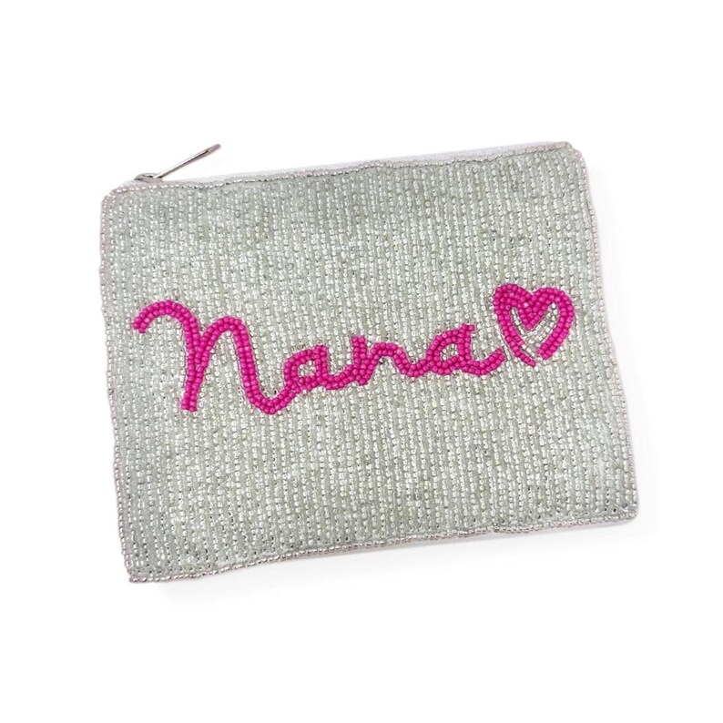 Handmade silver beaded zip pouch featuring bright pink Nana design