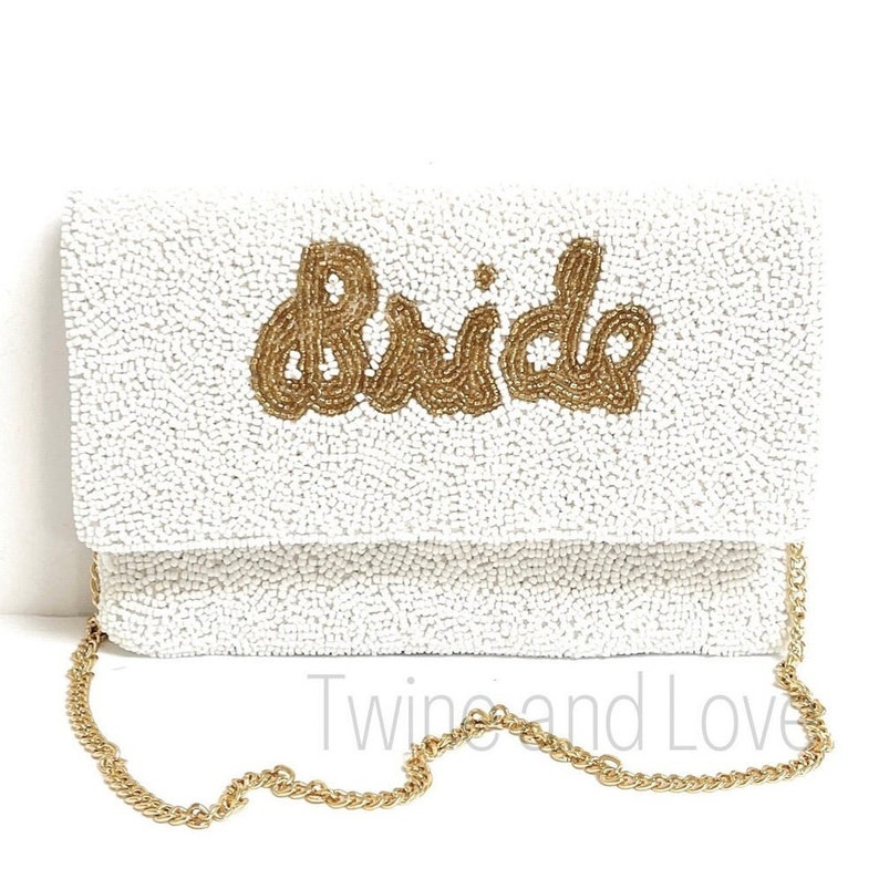 Small BRIDE Clutch Purse, Gift For Bride, Beaded Clutch Purse, Bridal Purse Clutch, White Beaded Wedding Purse, Bride Gifts, Bridal Gifts BRIDE (GOLD LETTERS)