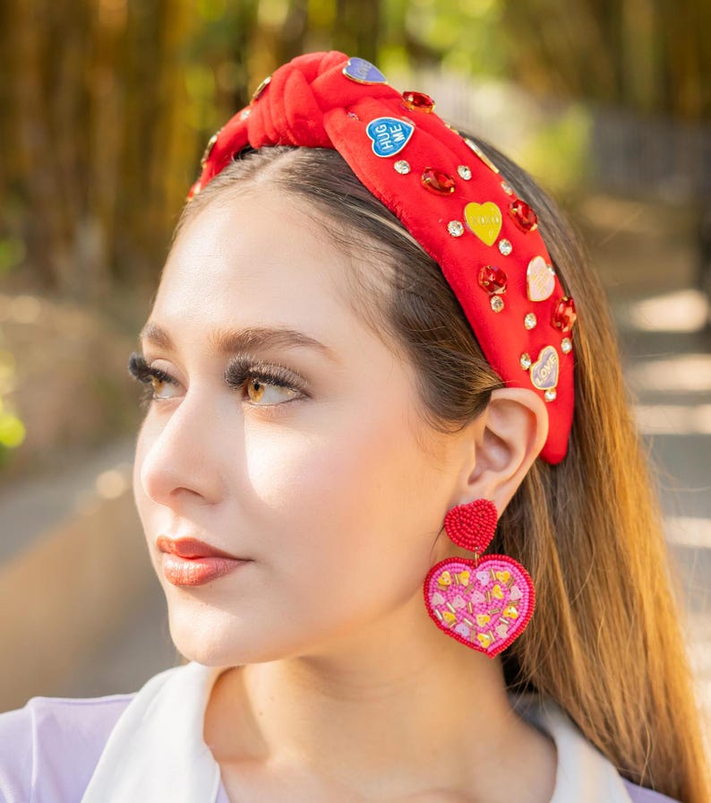 Sweetheart Style: Handcrafted Custom Valentines Day Top Knot Headband Conversation hearts red