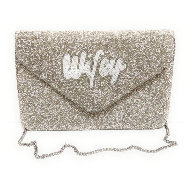 Elegant Hand-Beaded Custom Bridal Clutch Purse: The Perfect Accessory for Your Special Day - WIFEY Silver clutch with white letters