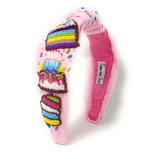 Hand Beaded Birthday Cake Top Knot Headband in Beautiful Pink Fabric