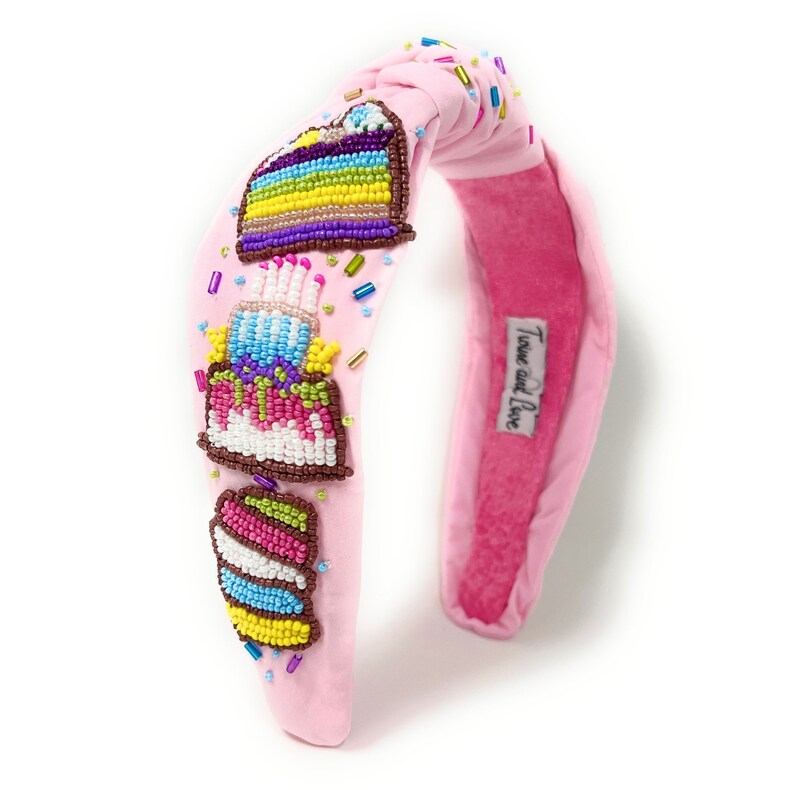 Hand Beaded Birthday Cake Top Knot Headband in Beautiful Pink Fabric