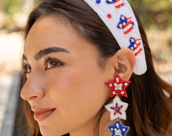 Fourth of July Hand Bead USA Knotted Headband, Patriotic Knot Headband, USA Knotted Headband, USA Knot Headband Fourth of July Knot Headband