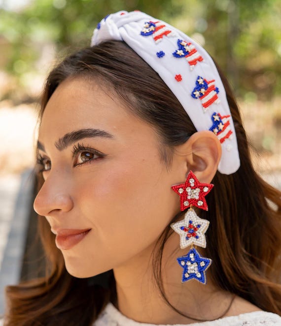 Fourth of July Hand Bead USA Knotted Headband, Patriotic  display picture 1