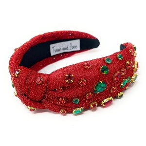 Festive and Unique: Custom Holiday Christmas Jeweled Knot Headband - Red Shimmery fabric with green and red jewels