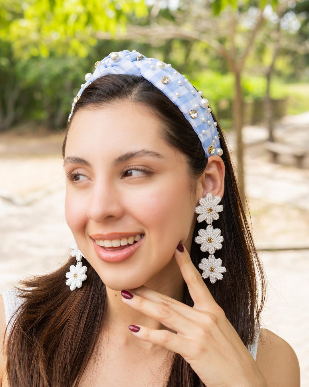 Spring Summer Embellished Headband, Gingham Jeweled Knotted  display picture 2