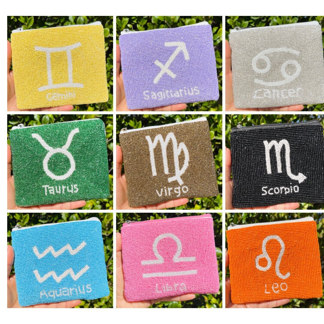 Zodiac Beaded Coin Purse, Zodiac Sign Coin Purse, Beaded Coin Pouch