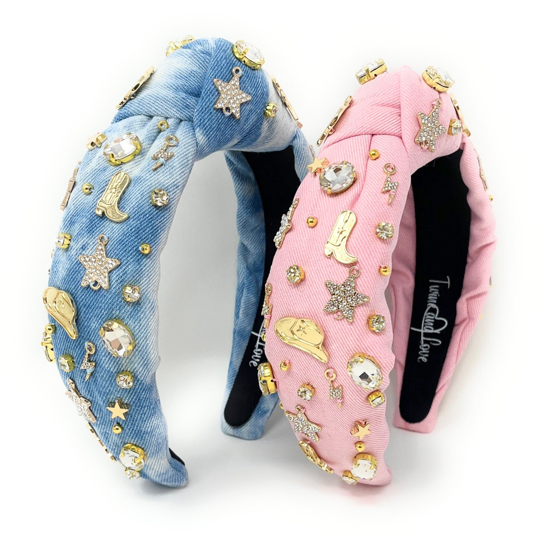 Gorgeous Cowgirl Knotted Denim Rhinestone Headband Denim Jeweled Yeehaw Knotted Headband, Embellished Knotted  main image 2