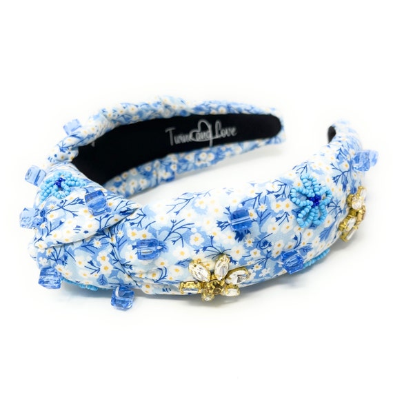 Hand Sewn Blue Jeweled Knot Headband, Embellished Knotted  display picture 1