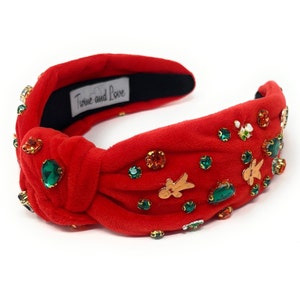Festive and Unique: Custom Holiday Christmas Jeweled Knot Headband - Red velvet fabric with gingerbread man charm, green and red jewels