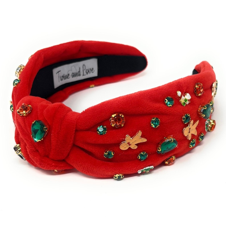 Festive and Unique: Custom Holiday Christmas Jeweled Knot Headband - Red velvet fabric with gingerbread man charm, green and red jewels