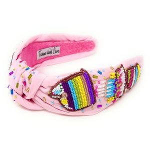 Hand Beaded Birthday Cake Top Knot Headband in Beautiful Pink Fabric