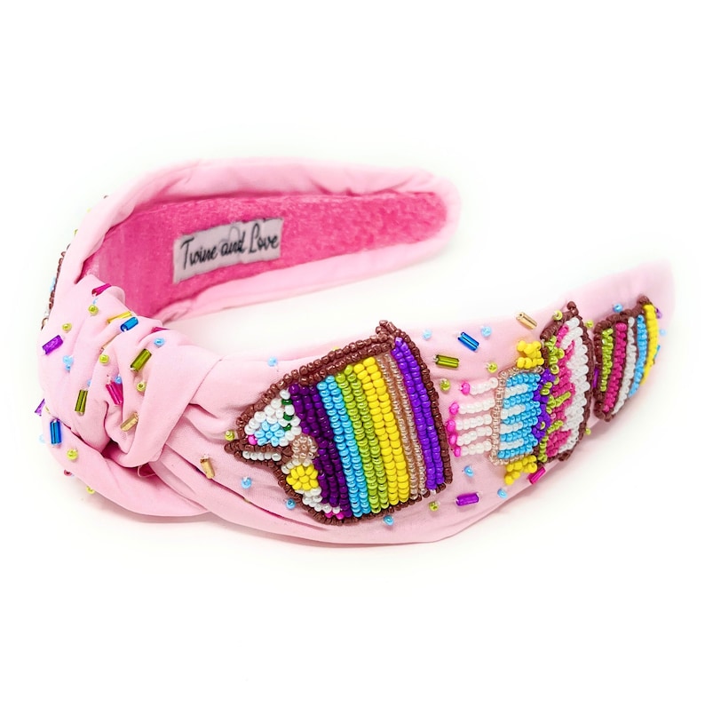 Hand Beaded Birthday Cake Top Knot Headband in Beautiful Pink Fabric