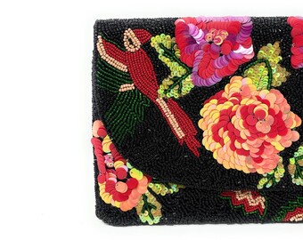 Floral Beaded Clutch Purse, Floral Clutch Bag, Beaded Clutch Purse