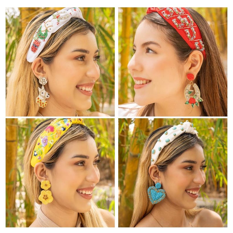 May include: Four women wearing different headbands with colorful embroidery and beaded embellishments. Each woman is also wearing a pair of statement earrings with various designs and colors.