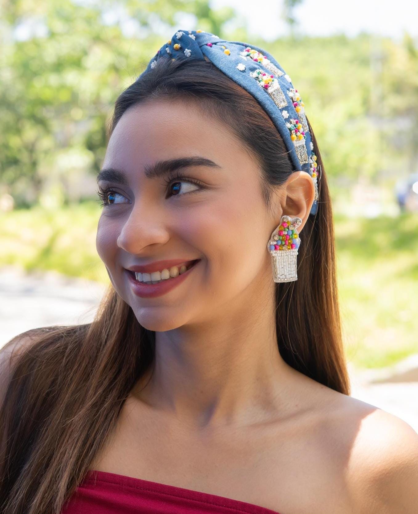 Unique Handcrafted Beaded Denim Top Knot Headband - Trendy  display picture 2
