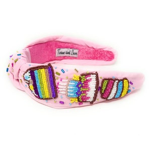 Hand Beaded Birthday Cake Top Knot Headband in Beautiful Pink Fabric