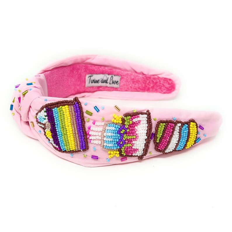 Hand Beaded Birthday Cake Top Knot Headband in Beautiful Pink Fabric