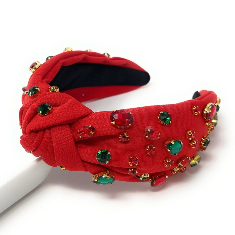Red Christmas holiday top knot jeweled headband