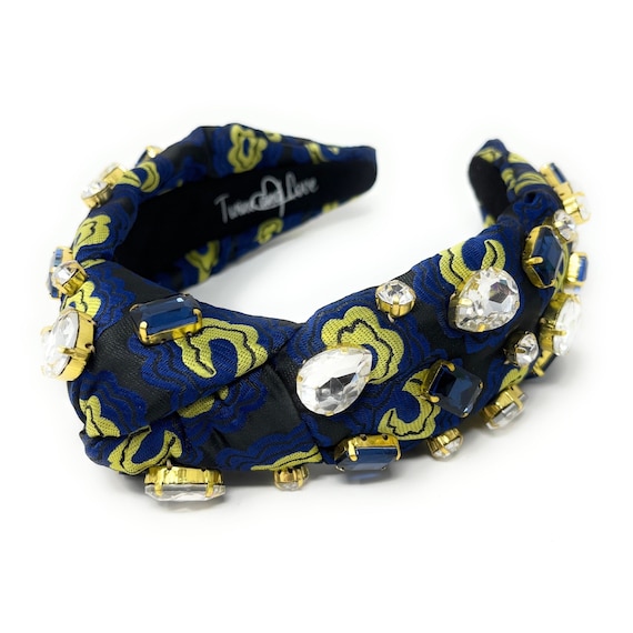 Adorned Blue Apple Floral Jeweled Side Knot Headband Floral Knotted Headband with Crystal Studs - Blue & Indigo  main image 3