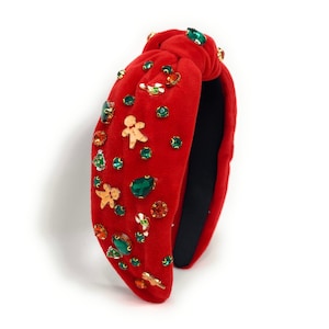 Festive and Unique: Custom Holiday Christmas Jeweled Knot Headband - Red velvet fabric with gingerbread man charm, green and red jewels