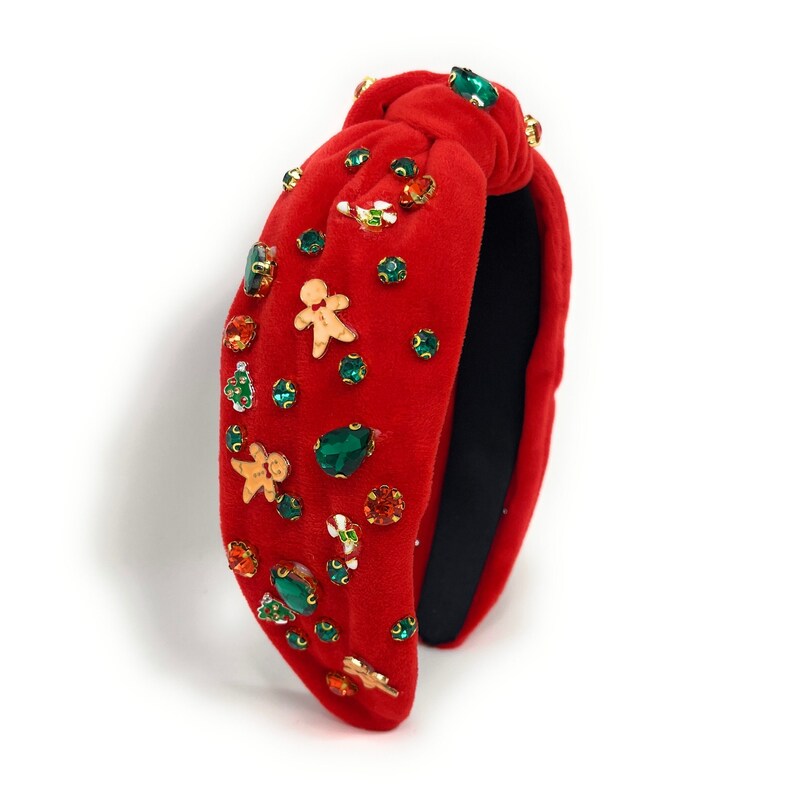 Festive and Unique: Custom Holiday Christmas Jeweled Knot Headband - Red velvet fabric with gingerbread man charm, green and red jewels