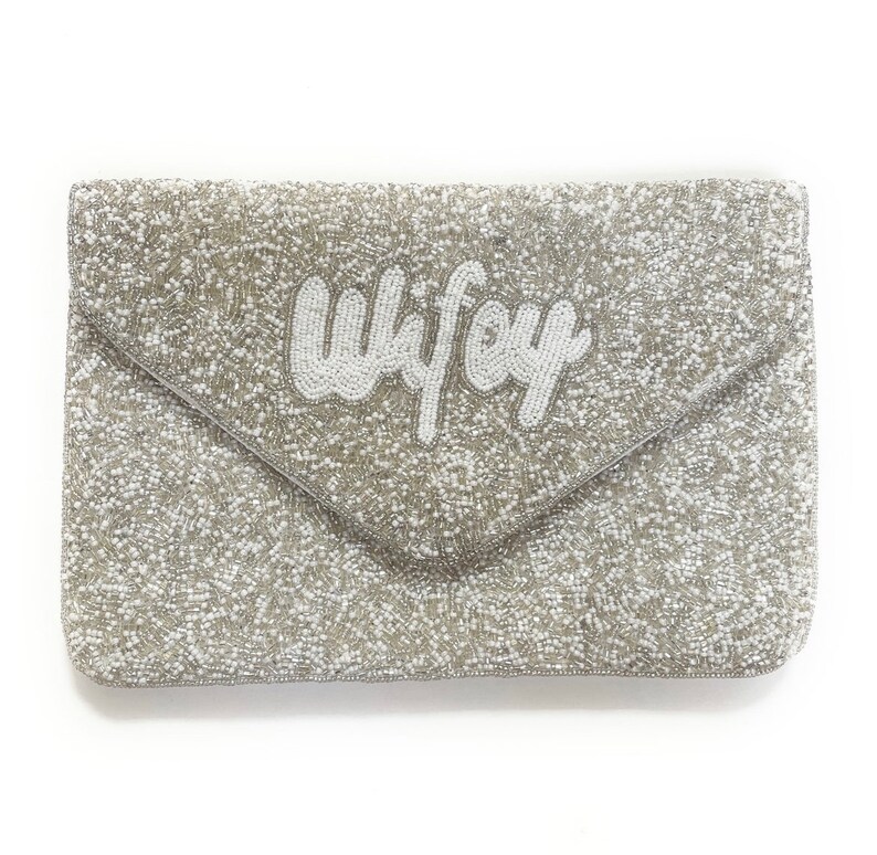 Elegant Hand-Beaded Custom Bridal Clutch Purse: The Perfect Accessory for Your Special Day - WIFEY Silver clutch with white letters