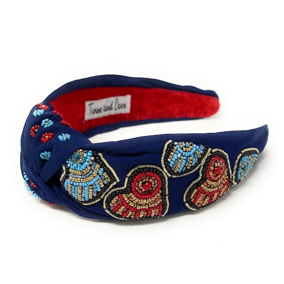 Hand Bead Boho Heart Knot Headband, Knotted Headband, Wide 