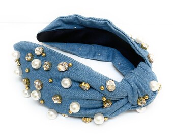 Jeweled Knotted Headband, Rhinestone Headband, Embellished Knot Headband, Knot Bling Headband, Statement Headband, Denim Jeweled Headband