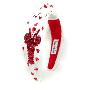 Gorgeous Handcrafted Beaded Top Knot Headband - Customizable and Unique - Crawfish motif