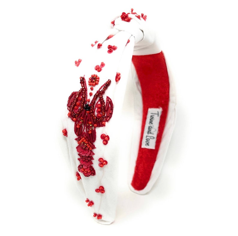 Gorgeous Handcrafted Beaded Top Knot Headband - Customizable and Unique - Crawfish motif
