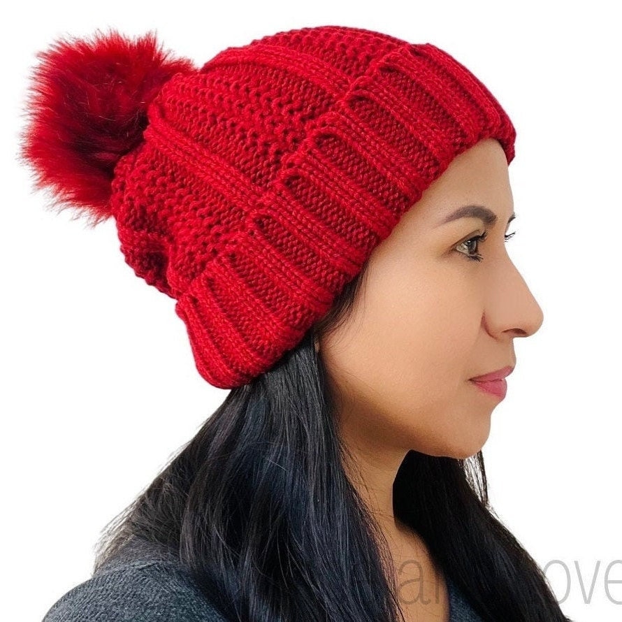 Solid Twisted Beanie Hat with Pom Poms, Fashionable Chunky Soft Warm Cable Knit Hat,Temu