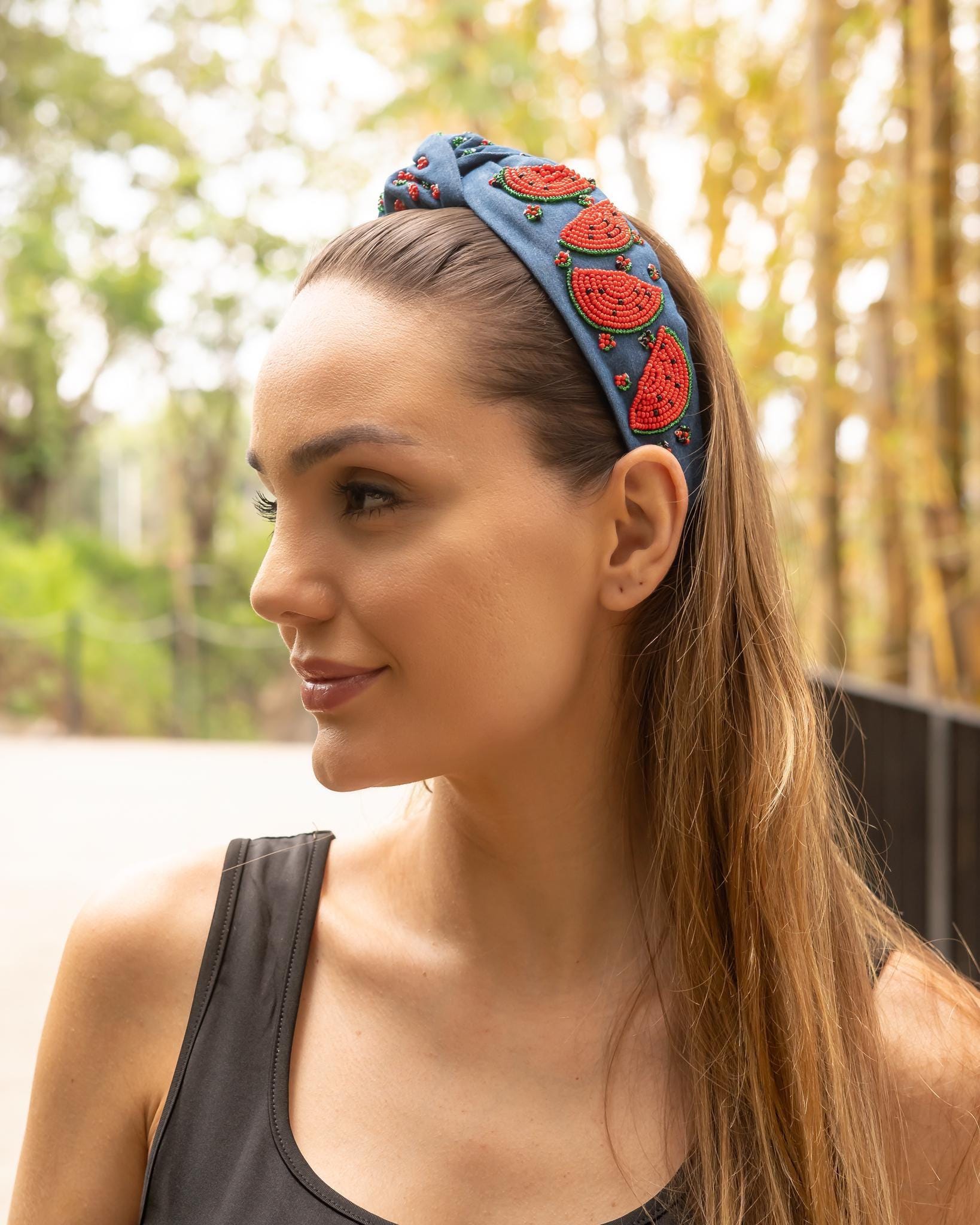 ? NEW The Summer Handmade Beaded Denim Headband- Vintage ? Strawberry_denim_knot_headband  main image 4