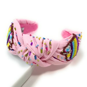 Hand Beaded Birthday Cake Top Knot Headband in Beautiful Pink Fabric