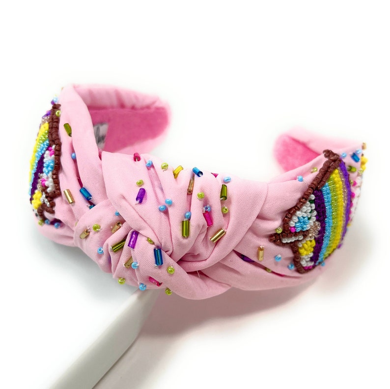 Hand Beaded Birthday Cake Top Knot Headband in Beautiful Pink Fabric