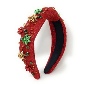 Festive and Unique: Custom Holiday Christmas Jeweled Knot Headband - Red Shimmery fabric with gift bow charms, green and red jewels