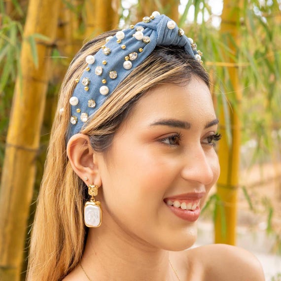 Denim Jeweled Knotted Headband, Rhinestone Headband 