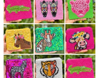 Animal Beaded Pouch, Zebra Tiger Giraffe Cow Crocodile Makeup Bag, Cute Cosmetic Pouch, Safari Animal Gift, Colorful Travel Pouch