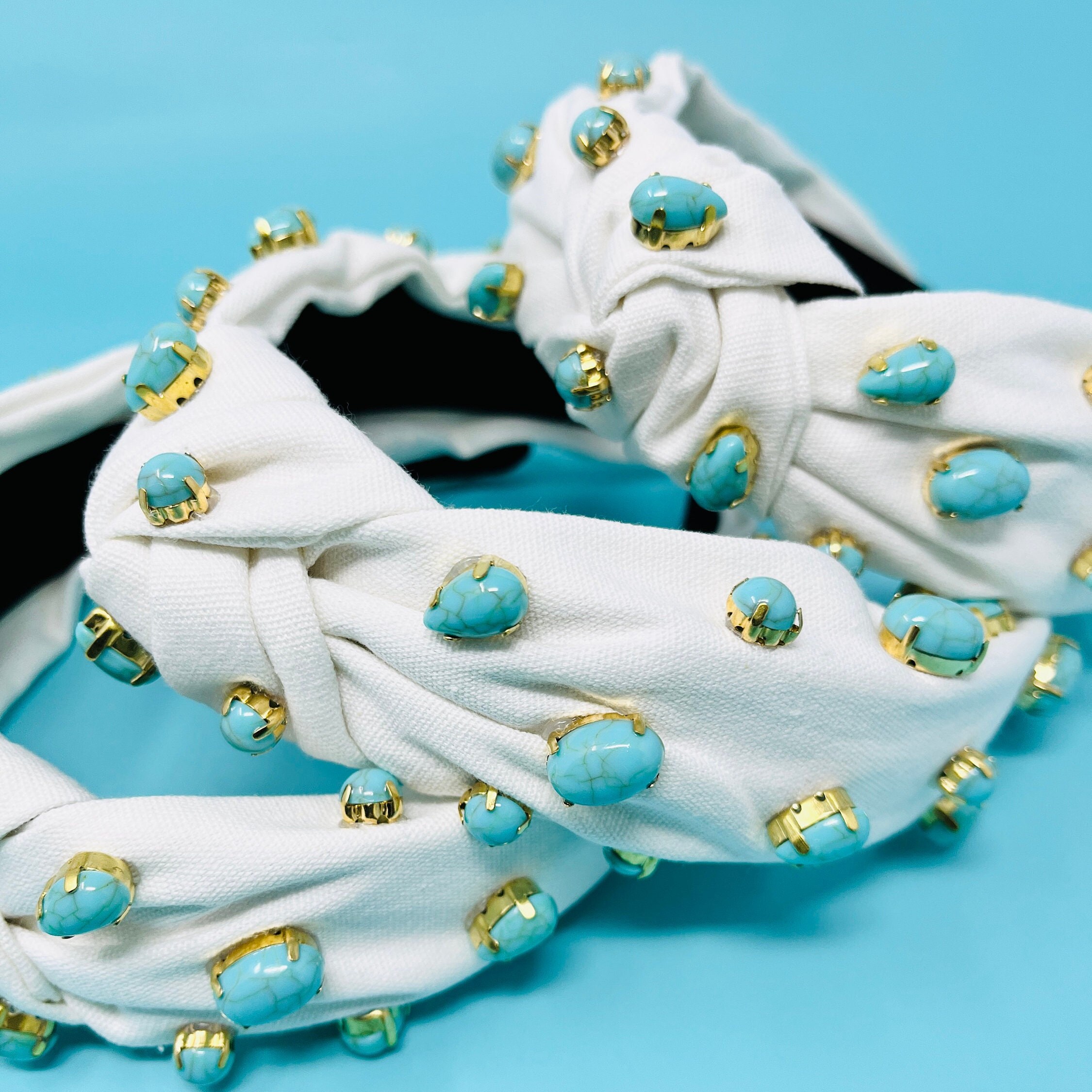 Handmade Top Knot Headband With Turquoise Pebbles Beautiful 