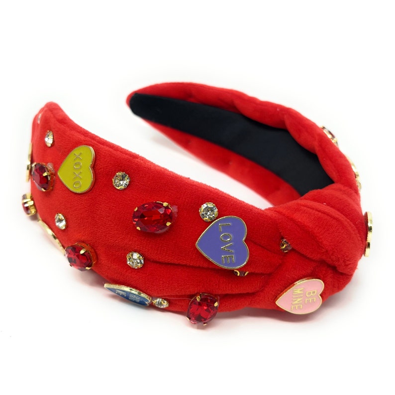Sweetheart Style: Handcrafted Custom Valentines Day Top Knot Headband Conversation hearts red