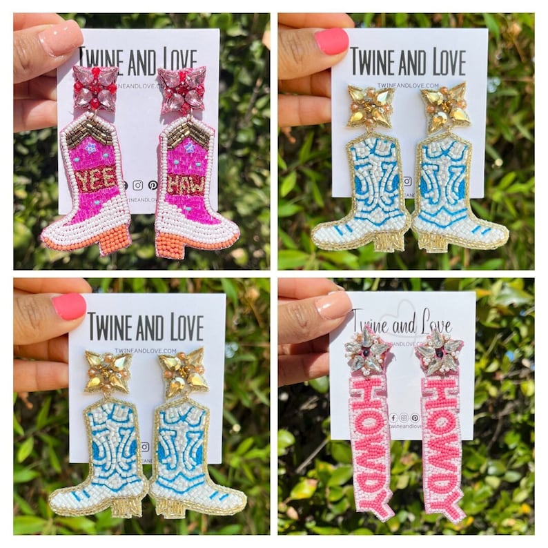 May include: Four pairs of beaded earrings featuring a cowboy boot design. The earrings are in four different color combinations: pink and white, blue and white, pink and white, and pink. The earrings are all adorned with rhinestones and beads.
