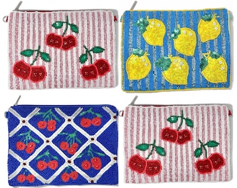 XL Large Beaded Fruit Pouch with Removable Chain | Cherry & Lemon Handmade Clutch | Large Beaded Makeup Bag | Statement Accessory