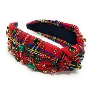 Festive and Unique: Custom Holiday Christmas Jeweled Knot Headband - Red Plaid fabric with green and red jewels.