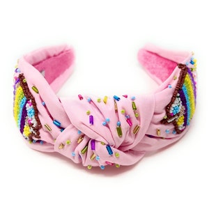 Hand Beaded Birthday Cake Top Knot Headband in Beautiful Pink Fabric
